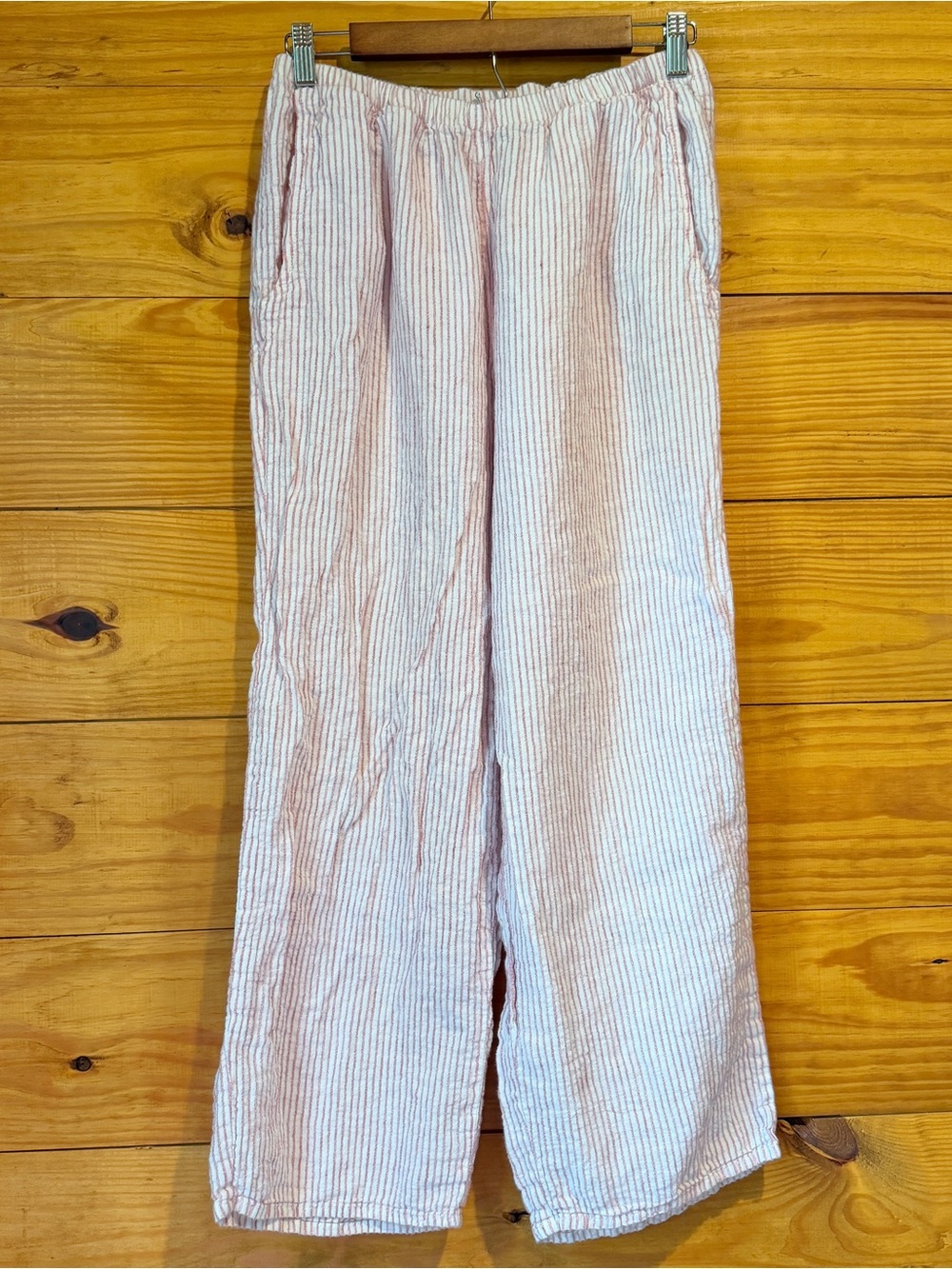 Flax 100% Linen Striped Pull On Cropped Wide Leg Pants Pink White Small S